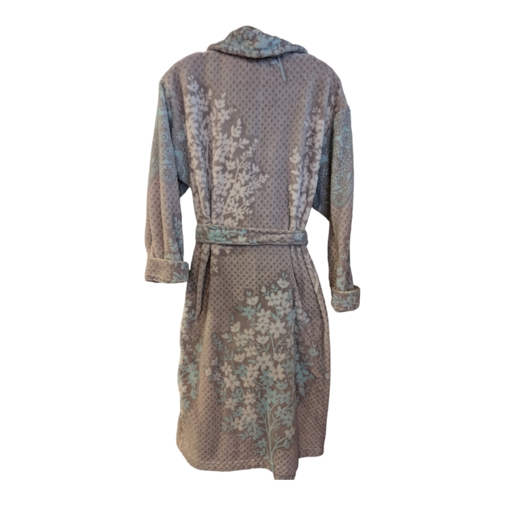 Karen Neuburger Gray & Teal Fluffy Floral Wrap Robe Size Large Repaired Flaws - Picture 2 of 10